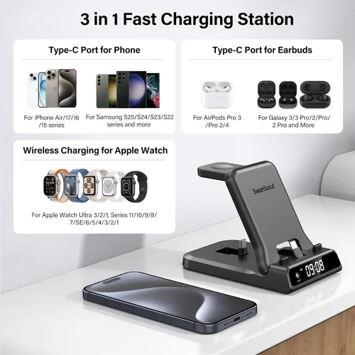 Miniatura 2 de Estación de carga rápida USB C de 25 W para iPhone Air 17 16 15, cargador 3 en 1 para Apple Watch Series 11 10 9 8 7 6 5 4 Ultra 2 Ultra
