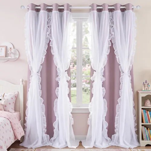 Miniatura 43 de PONY DANCE Cortinas con Volantes de Doble Capa con Superposición Transparente, Decoración Elegante para Ventanas de Diseño Rústico Francés de Campo