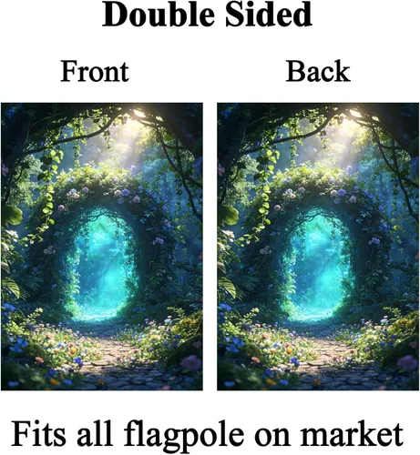 Miniatura 2 de Bandera de paisaje de fantasía, cuento de hadas, bosque, flores, puerta, jardín, patio, 12 x 18 pulgadas, poliéster de doble cara, bandera