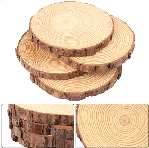 Miniatura 3 de 24 piezas de rebanadas de madera natural de 5.5 a 6.3 pulgadas, círculos de madera de pino sin terminar con cortezas para posavasos, manualidades