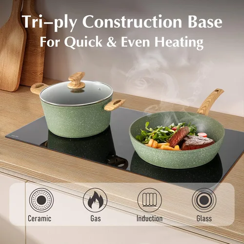 Miniatura 5 de MAISON ARTS Juego de ollas y sartenes antiadherentes, 12 piezas de granito verde para cocina, compatible con inducción, juegos de ollas y sartenes