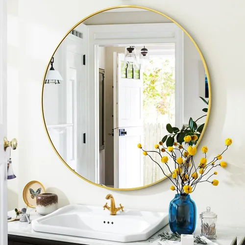 VooBang Espejo de Baño Redondo Dorado, Espejo Circular de Pared Montado de 24 Pulgadas con Marco de Metal Circular Simple y Moderno para Pasillo,