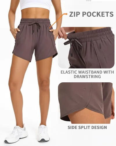 Miniatura 4 de Pantalones cortos deportivos para correr para mujer con entrepierna de 5 pulgadas con bolsillos con cremallera, de secado rápido, ligeros