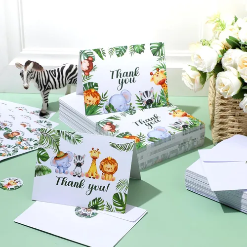 Miniatura 7 de Yeaqee 100 tarjetas de agradecimiento de la selva de safari con sobres, calcomanías de animales del bosque, tarjetas de felicitación de vegetación