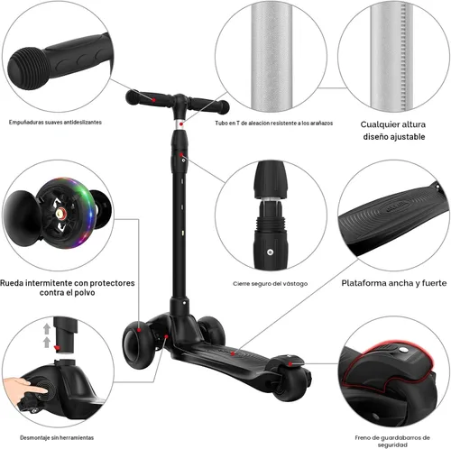 Miniatura 2 de Allek - Kick Scooter B03. Monopatín de 3 ruedas con ruedas de PU extra anchas y luminosas, sistema Lean 'N Glide, manillar ajustable a cualquier