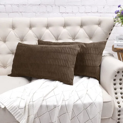 Juego de 2 fundas de almohada decorativas de terciopelo a rayas plisadas de 14 x 26 pulgadas, funda de cojín rectangular suave y elegante para sofá,