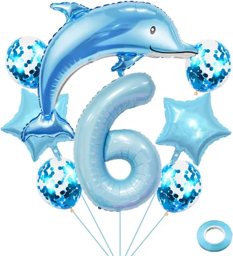Miniatura 8 de Globos de cumpleaños de 5º delfín, globo gigante de papel de aluminio de delfín número 5, globos de Mylar de animales del océano para suministros