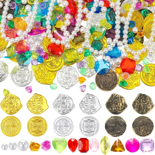 Hanaive Juego de 319 monedas falsas de oro del tesoro pirata, gemas y joyas de plástico para el día de San Patricio, decoración de fiesta, tesoro