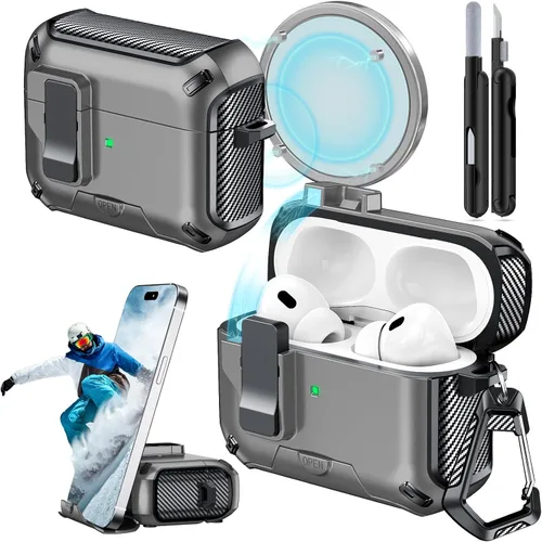 Miniatura 22 de Funda para AirPods Pro 2 (2023/2022/2019) con soporte para teléfono, (con interruptor a presión automático), diseño de fibra de carbono, cubierta