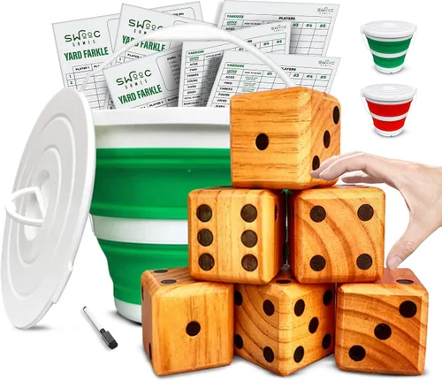 SWOOC Yardzee, Farkle y más de 20 juegos – Juego de dados ligeros para patio (todo tipo de clima) con cubo plegable, 5 tarjetas de puntuación