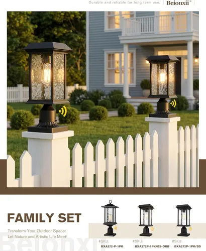 Miniatura 9 de Beionxii Outdoor Solar Post Lights, Dusk to Dawn Solar Lamp Post Light,Solar Powered Outdoor Lamp Post Light with Pier Mount Base,Black