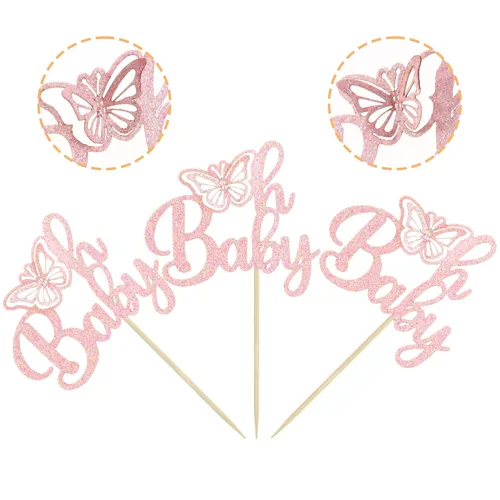 Miniatura 3 de Gyufise 24 piezas de decoración de mariposa rosa claro con purpurina Oh Baby Butterfly - Decoración de mariposa para baby shower Girl - Suministros