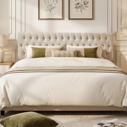 Miniatura 4 de Kingfun Cabeceras con diseño moderno de botones, cabecera de cama tapizada y acolchada de tela de lino premium, cabecera de madera maciza ajustable