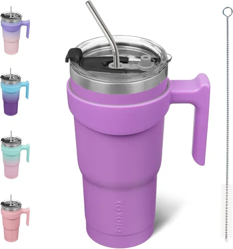 Miniatura 66 de BJPKPK Vaso con asa de acero inoxidable de 20 onzas, con aislamiento de doble pared, con tapa y pajita, color rosa claro A-rosa claro