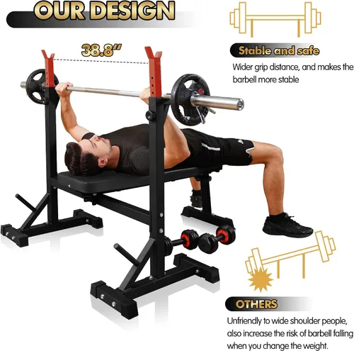 Miniatura 3 de CANPA - Prensa de banca, banco de pesas olímpico con estante para sentadillas, banco de entrenamiento de barra ajustable, soporte de entrenamiento