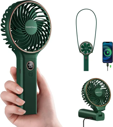 Miniatura 17 de SWEETFULL Ventilador portátil de mano, batería recargable de 5000 mAh, viento de 6 velocidades, pantalla digital LED, mini ventilador de viaje Negro