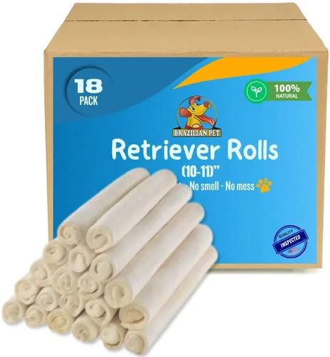 Brazilian Pet Rollos Retriever Premium de 10-11 pulgadas (paquete de 18) - 100% natural hoja individual de cuero crudo