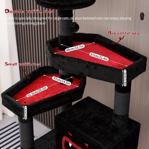 Miniatura 4 de YARUOMY Árbol gótico para gatos con cama de ataúd, torre negra de 62.5 pulgadas con espacioso condominio para gatos estilo demonio, percha de felpa