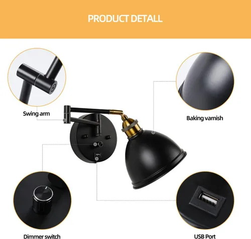 Miniatura 6 de Apliques de pared con brazo oscilante, lámpara de pared enchufable, lámpara de pared para dormitorio, pantalla de tela blanca, con interruptor