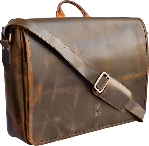 Bolso de mensajero de cuero para hombre, 14 pulgadas, bolso de cuero para laptop, bolso cruzado vintage para oficina, bolso de hombro de viaje Marrón
