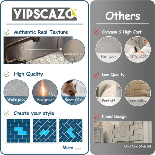 Miniatura 4 de Yipscazo Azulejo de pared compuesto de PVC 3D de 3 x 6 pulgadas para despegar y pegar en azulejos para cocina, baño, lavandería, chimenea