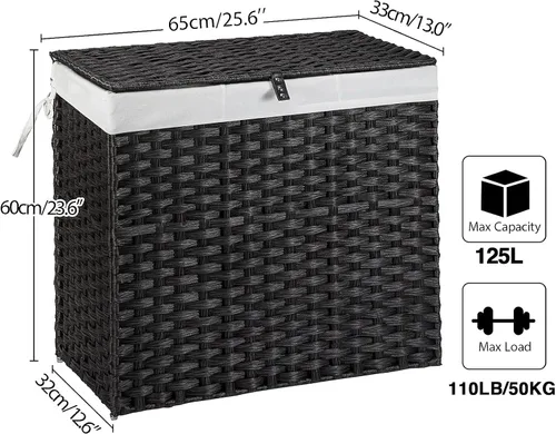 Miniatura 6 de Greenstell Cesta de ropa sucia con tapa, cesta grande de ropa de 125L con 3 secciones y bolsas de forro extraíbles de 2 secciones y 5 bolsas de Negro