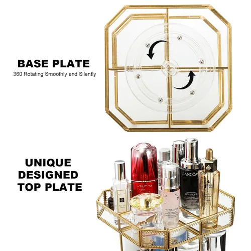 Miniatura 4 de ZOOFOX Organizador de maquillaje de vidrio giratorio de 360 grados, soporte grande de almacenamiento de cosméticos con ribete dorado para tocador