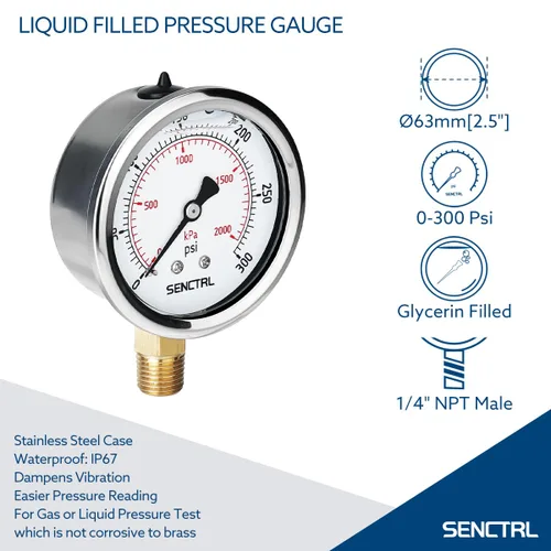 Miniatura 2 de SENCTRL Medidor de presión relleno de líquido de glicerina de 0-300 psi, tamaño de dial de 2.5 pulgadas, montaje inferior NPT de 1/4 pulgadas, caja