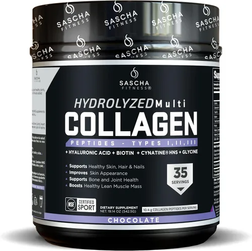 SASCHA FITNESS Péptidos de multicolágeno hidrolizado Tipos 1, 2 y 3 |Ácido hialurónico|Biotina Cynatine HSN|Vitamina C y E|para el cabello, la piel