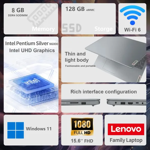 Miniatura 2 de Lenovo IdeaPad - Laptop FHD de 15.6 pulgadas para hogar y estudiantes, Intel Celeron N6000, 8 GB de RAM, 128 GB eMMC, batería de hasta 10 horas