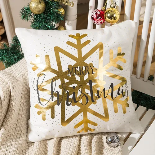 Miniatura 4 de Juego de 4 fundas de almohada de Navidad de 18 x 18 pulgadas, fundas de almohada doradas con estampado de copos de nieve a rayas, fundas de cojín