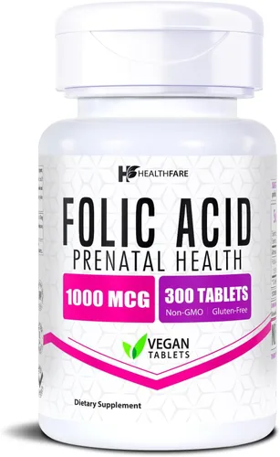 Healthfare Ácido fólico 1000mcg | 300 tabletas vegetales | Vitamina B9 | Sin gluten | Sin OMG | Fabricado en Estados Unidos