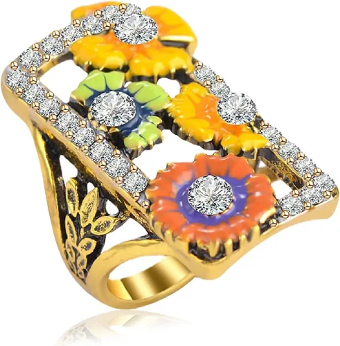 Anillo ancho de resina esmaltada rectangular grande, anillo grueso floral de dedo completo, chapado en oro de 14 quilates, cuadrado grande, cóctel,