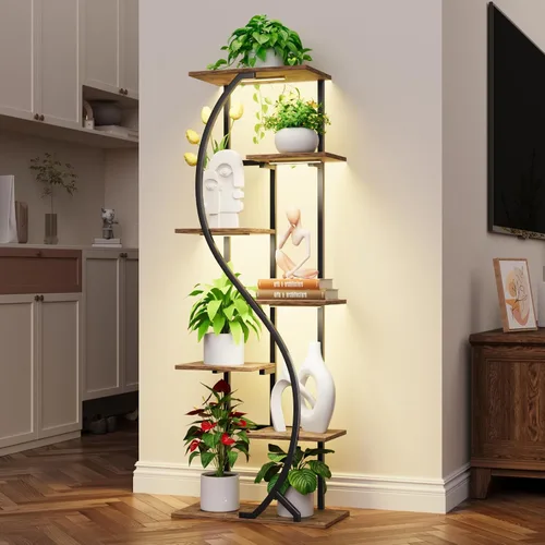 Miniatura 4 de MJOMKN Soporte alto para plantas de 59" con luz de crecimiento para interior, estante de metal de 7 niveles, soporte de exhibición de flores