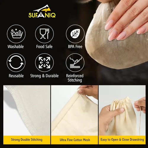 Miniatura 3 de SUFANIQ - Bolsa de leche de nueces, 2 bolsas (12 x 12 pulgadas), bolsa de tela de queso 100% algodón sin blanquear para colar, bolsa de leche