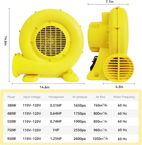 Miniatura 2 de Soplador de Casa de Rebote, Soplador Inflable Potente de 380W 0.51HP Bomba de Aire Portátil para Inflables al Aire Libre, Casa de Burbujas