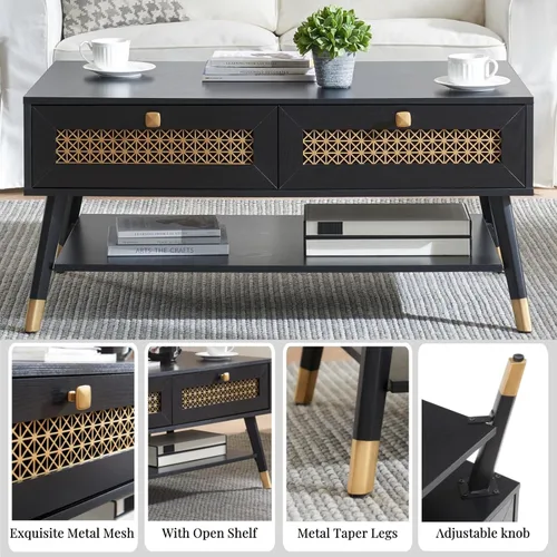 Miniatura 5 de Mesa de centro negra moderna de mediados de siglo con cajones de almacenamiento y estante abierto, mesa rectangular bohemia de madera maciza