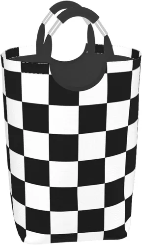 Cesta de ajedrez en blanco y negro con asas, cesta de lavandería a cuadros, organizador de almacenamiento de juguetes, cubo plegable, bolsa de ropa