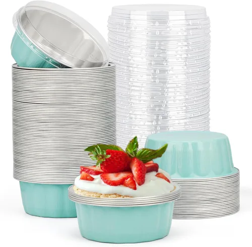 Miniatura 27 de Beasea Ramequines con tapas, 8oz 50 unidades de tazas de aluminio desechables para hornear, tazas de papel de aluminio plateado para creme brulee
