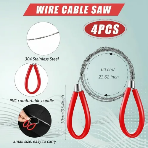 Miniatura 2 de 4 piezas de sierra de cable de acero inoxidable, sierra de alambre de metal de mano de bolsillo, herramientas de corte de cuerda de supervivencia