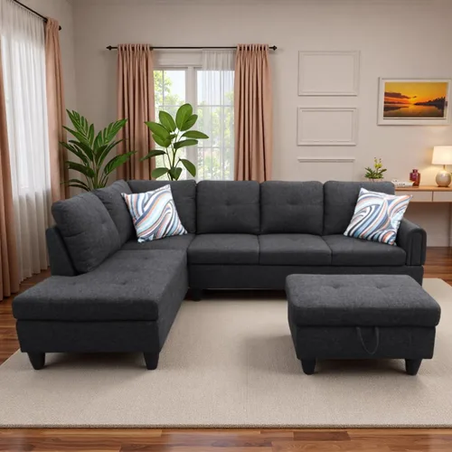 Miniatura 26 de Sofá modular de cuero en forma de L de 3 piezas – Sofá modular convertible con diván móvil y otomana de almacenamiento, uso multiescenario para sala
