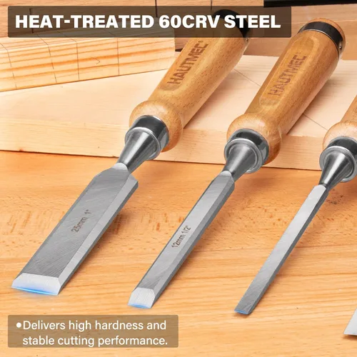 Miniatura 2 de HAUTMEC Juego de cinceles de madera largos para carpintería, cinceles de madera profesionales de 4 piezas con cuchillas de acero 60CR-V y asas