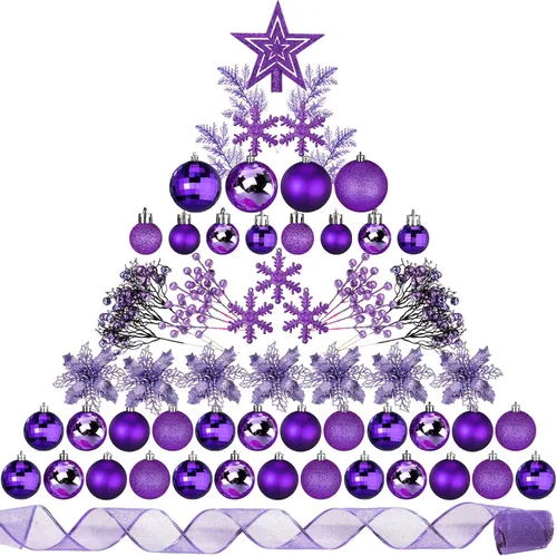 Miniatura 13 de Sratte 94 piezas de adornos para árbol de Navidad, adornos de bolas de Navidad con purpurina, flores de nochebuena, decoraciones con bayas Azul