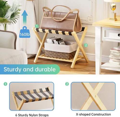 Miniatura 5 de SMIBUY Portaequipajes, soporte plegable de bambú para maleta con estante de almacenamiento para habitación de invitados, dormitorio, hotel, Natural