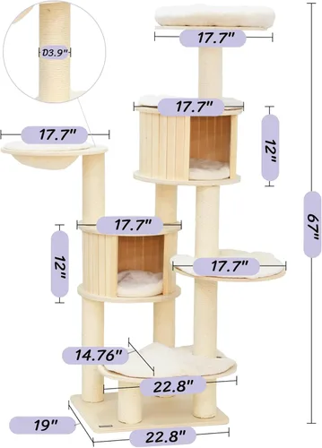 Miniatura 6 de KAMABOKO Árbol para gatos de 67 pulgadas de alto, árbol extragrande para gatos, torre masticable de madera de 8 niveles con condominio para gatos