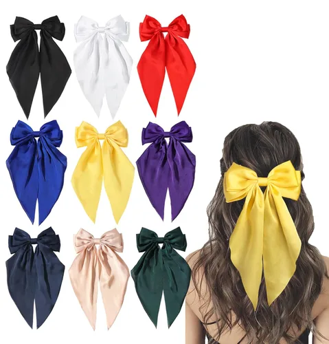 Miniatura 22 de Furling Pompoms Pinza para el Cabello Lazos para el Cabello, 2 piezas Lazos Grandes de Satén Beige/Negro para Mujeres y Niñas, Pasadores