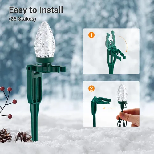 Miniatura 7 de SURAIELEC C9 Luces de Camino de Navidad, 25 PIES Luces de Navidad para Sendero con 25 Estacas, 25 Bombillas LED Blanco Cálido, Decoración Navideña