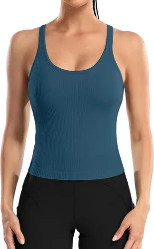 Miniatura 17 de ATTRACO Camiseta corta acanalada de entrenamiento para mujer con brasier integrado para yoga, espalda cruzada, ajuste ajustado