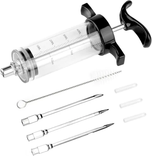 Kit de jeringa inyectora de carne de pavo con 3 agujas de adobo para ahumador de parrilla, 1 cepillo de limpieza, 1.7 onzas/1.7 fl oz de gran