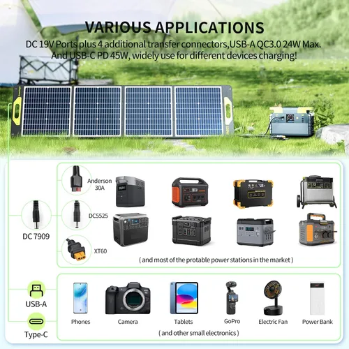 Miniatura 5 de Greenmagic Panel Solar Portátil de 120W 19V, Kit de Paneles Solares Plegables de 120W con Soportes Ajustables, Impermeable IP65 para Camping